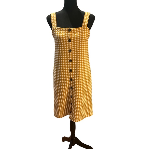 Madewell Gingham Mini Dress XS Mustard Yellow Button Front - Picture 2 of 8